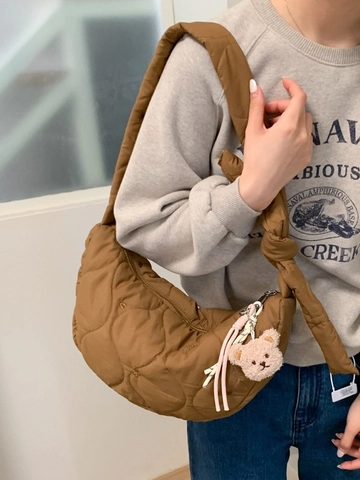 Large Capacity Quilted Nylon Crossbody Bag For Women Vintage Half Moon Dumpling Bag With Bear Pendant Casual Commuter Bag