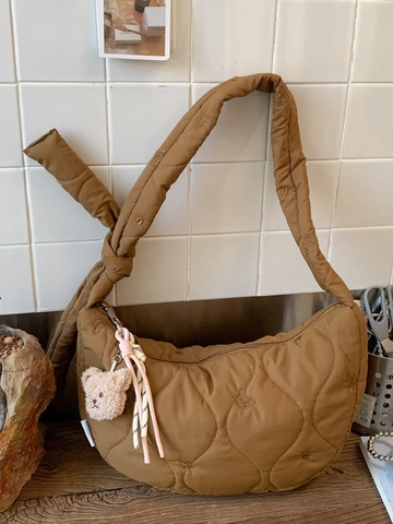 Large Capacity Quilted Nylon Crossbody Bag For Women Vintage Half Moon Dumpling Bag With Bear Pendant Casual Commuter Bag