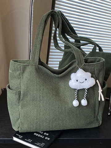Bolso Tote de Pana para Mujer Gran Capacidad Minimalista Coreano Color Sólido Bolso de Hombro Con Colgante de Nube de Felpa