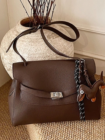 Vintage Litchi Grain PU Leather Tote Bag For Women Metal Lock Handbag Crossbody Bag With Dog Charm Shoulder Bag Work Travel
