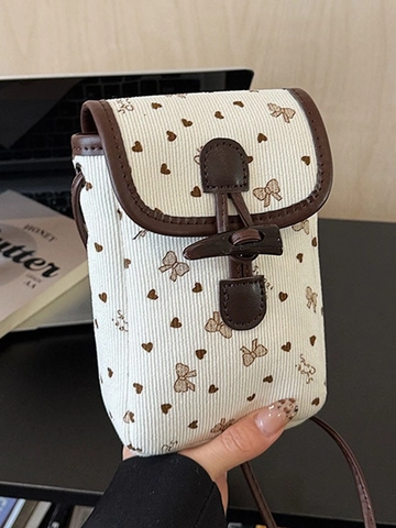 Damen Cord Handytasche Vintage Umhängetasche Punktmuster Herz Schleife Druck Kleine Quadratische Tasche Mit Knebelverschluss Alltagstasche