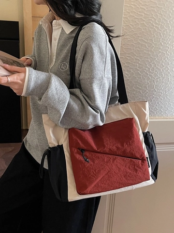 Borsa Tote Donna Grande Capacità Blocchi di Colore Casual in Nylon Tela Borsa a Spalla Con Coulisse Tasca Laterale Moda Pendolarismo
