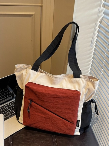 Borsa Tote Donna Grande Capacità Blocchi di Colore Casual in Nylon Tela Borsa a Spalla Con Coulisse Tasca Laterale Moda Pendolarismo