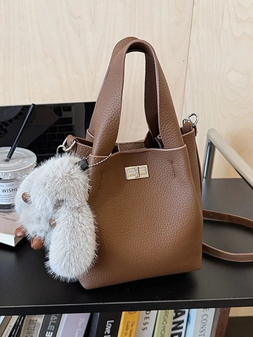 Women Litchi Pattern PU Leather Bucket Bag With Plush Rabbit Pendant Metal Swivel Lock Handbag Crossbody Shoulder Bag