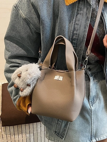 Women Litchi Pattern PU Leather Bucket Bag With Plush Rabbit Pendant Metal Swivel Lock Handbag Crossbody Shoulder Bag