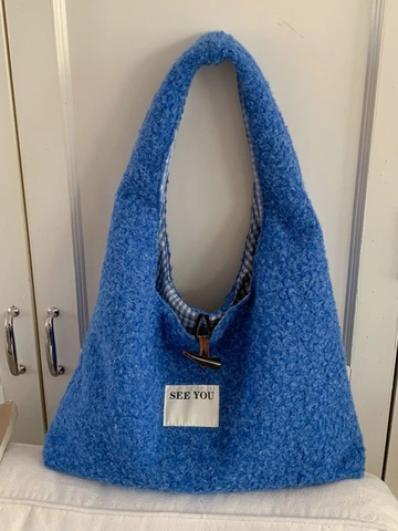 Borsa Tote in Peluche da Donna Grande Capacità Moda Autunno Inverno Borsa a Spalla in Finta Lana di Agnello Bottone ad Alamaro Fodera Gingham