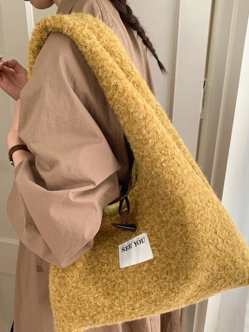 Borsa Tote in Peluche da Donna Grande Capacità Moda Autunno Inverno Borsa a Spalla in Finta Lana di Agnello Bottone ad Alamaro Fodera Gingham