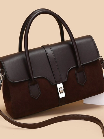 Sac à Main Vintage en Patchwork de Daim pour Femmes Grande Capacité Sac Bandoulière Avec Serrure Métal Tote Élégant