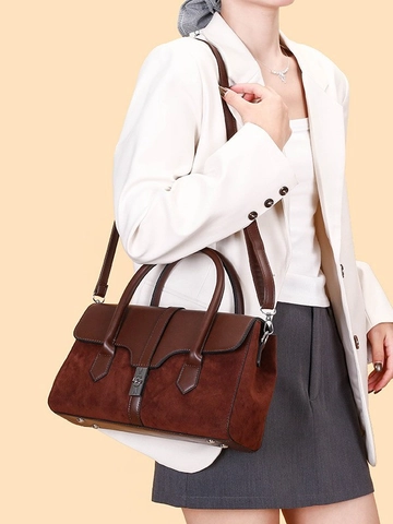 Sac à Main Vintage en Patchwork de Daim pour Femmes Grande Capacité Sac Bandoulière Avec Serrure Métal Tote Élégant