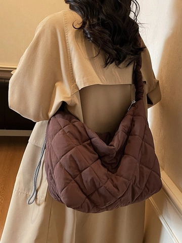 Dames Grote Capaciteit Ruitvormig Doorgestikte Tote Bag Lichtgewicht Geplooide Schoudertas Casual Handtas Met Rits