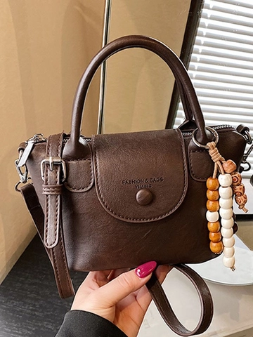 Women Retro PU Leather Crossbody Bag Fashion Handbag With Beaded Charm Solid Color Small Pouch For Daily Use Versatile Purse