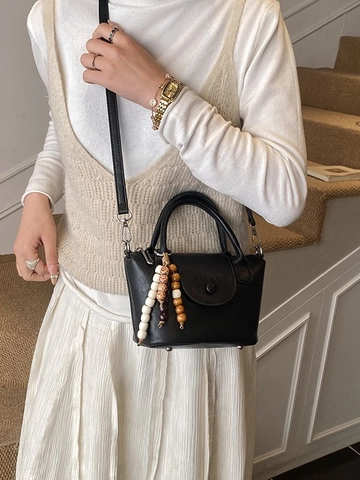 Women Retro PU Leather Crossbody Bag Fashion Handbag With Beaded Charm Solid Color Small Pouch For Daily Use Versatile Purse