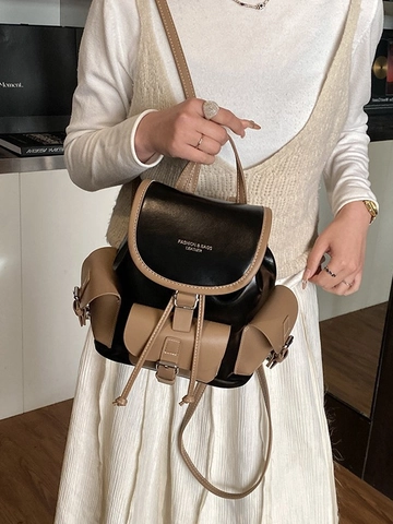 Mochila de Cuero PU Vintage para Mujer Gran Capacidad Estilo Universitario Bloque de Color Bolso de Viaje con Múltiples Bolsillos