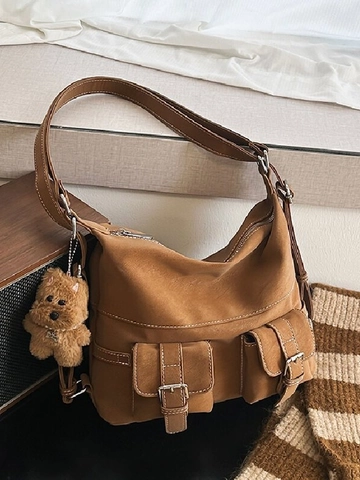 Women Retro Large Capacity PU Leather Shoulder Bag Multi Pocket Contrast Stitching Tote Bag With Plush Charm Casual Commuter Handbag