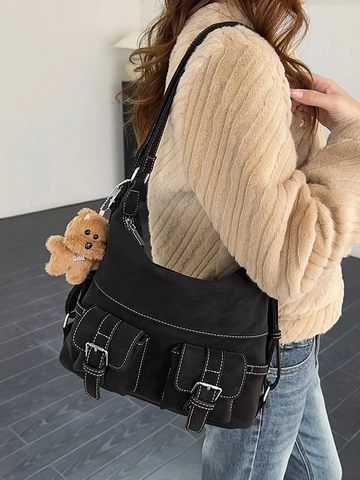 Women Retro Large Capacity PU Leather Shoulder Bag Multi Pocket Contrast Stitching Tote Bag With Plush Charm Casual Commuter Handbag