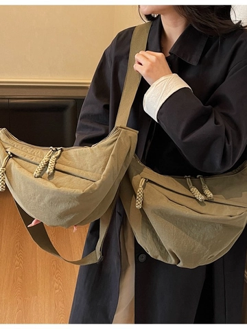 Women Large Capacity Nylon Crescent Crossbody Bag Minimalist Casual Shoulder Dumpling Bag With Woven Zipper Puller For Daily Commute