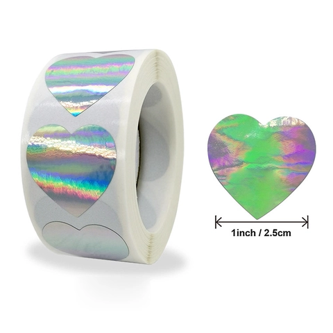 Rollo de Pegatinas de Corazón Holográficas Arcoíris para Boda Regalo Sello Sobre Etiquetas Adhesivas Láser Decorativas