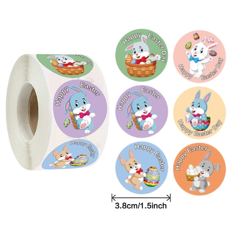 Adesivi Tondi Buona Pasqua Etichette Adesive Con Coniglietto e Uova Colorate per Sigillare Regali e Decorazioni per Feste