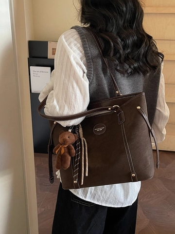 Vintage PU Leather Tote Bag Large Capacity Shoulder Bag With Plush Bear Pendant For Women Casual Commuter Handbag