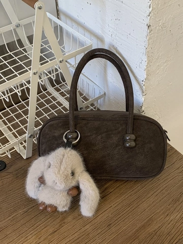 Borsa a Tracolla in PU con Texture Scamosciata Retro Minimalista per Donna Elegante Borsa Boston con Tracolla Rimovibile e Ciondolo a Coniglio