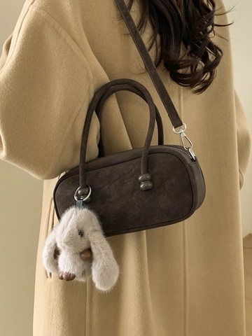 Borsa a Tracolla in PU con Texture Scamosciata Retro Minimalista per Donna Elegante Borsa Boston con Tracolla Rimovibile e Ciondolo a Coniglio