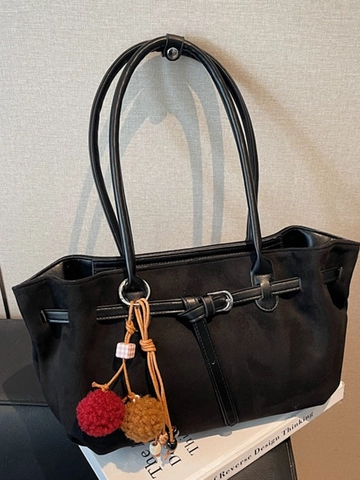Borsa Tote da Donna Retro in Pelle PU Effetto Scamosciato Con Ciondolo a Pompon Borsa a Tracolla di Grande Capacità per Pendolarismo Quotidiano Ufficio