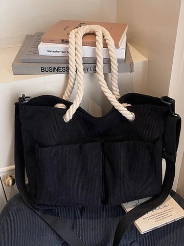Sac Tote en Velours Côtelé Grande Capacité pour Femmes Style Décontracté Vintage Avec Poignée en Corde Bandoulière Réglable Sac à Main