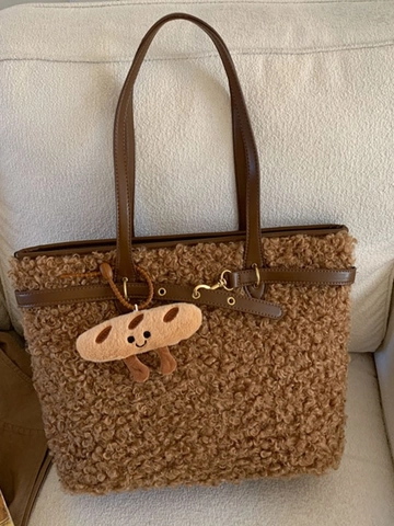Große Kapazität Teddy Plüsch Tote Tasche Für Damen Weiche Sherpa Schultertasche Mit Cartoon Brot Anhänger Winter Handtasche