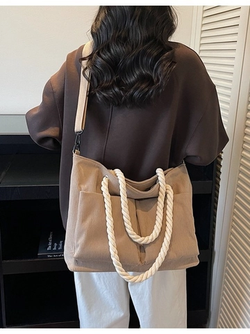 Sac Tote en Velours Côtelé Grande Capacité pour Femmes Style Décontracté Vintage Avec Poignée en Corde Bandoulière Réglable Sac à Main