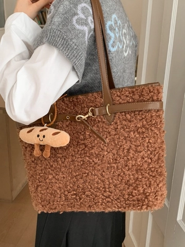 Große Kapazität Teddy Plüsch Tote Tasche Für Damen Weiche Sherpa Schultertasche Mit Cartoon Brot Anhänger Winter Handtasche