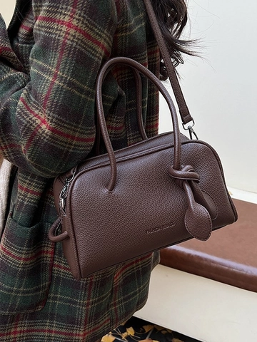 Sac Boston en Cuir PU pour Femme Motif Litchi Sac à Main Avec Poignée Nouée Sac Bandoulière Décontracté pour Usage Quotidien