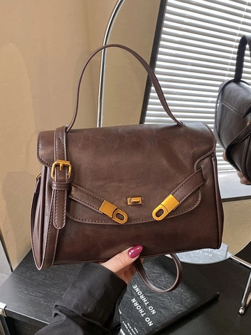 Vintage PU Leer Vierkant Crossbodytas Voor Vrouwen Luxe Handtas Met Metalen Slot Elegante Effen Kleur Schoudertas