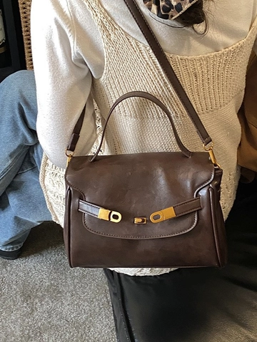 Vintage PU Leer Vierkant Crossbodytas Voor Vrouwen Luxe Handtas Met Metalen Slot Elegante Effen Kleur Schoudertas