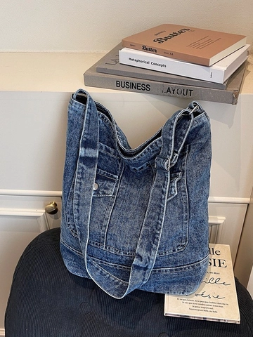 Retro Grote Capaciteit Gewassen Denim Tote Bag Voor Vrouwen Vintage Hobo Emmer Tas Met Multi Zakken Casual Schoudertas