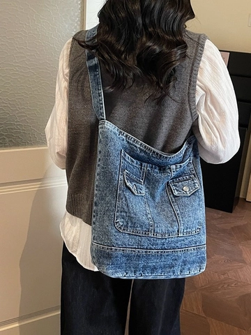 Retro Grote Capaciteit Gewassen Denim Tote Bag Voor Vrouwen Vintage Hobo Emmer Tas Met Multi Zakken Casual Schoudertas