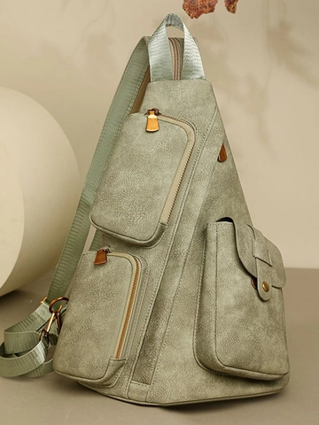 Bolso Bandolera de Cuero PU Vintage para Mujer con Múltiples Bolsillos Gran Capacidad Bolso de Pecho Mochila Retro Impermeable para Viaje
