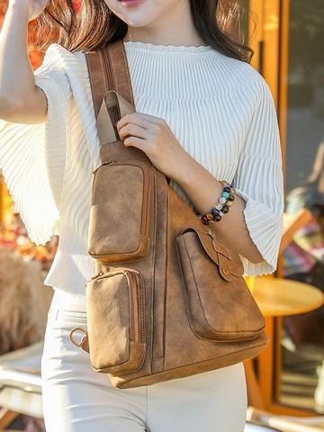 Bolso Bandolera de Cuero PU Vintage para Mujer con Múltiples Bolsillos Gran Capacidad Bolso de Pecho Mochila Retro Impermeable para Viaje