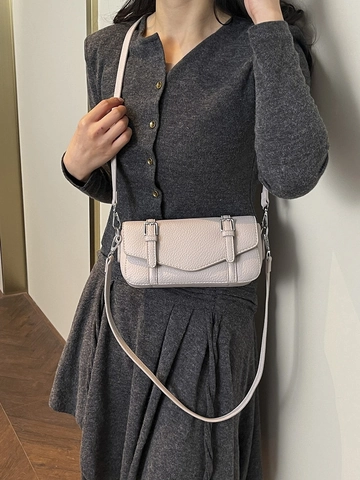 Bolso de Bandolera de Cuero de PU Grano de Litchi para Mujer Minimalista Cuadrado Pequeño Hebilla Doble Casual