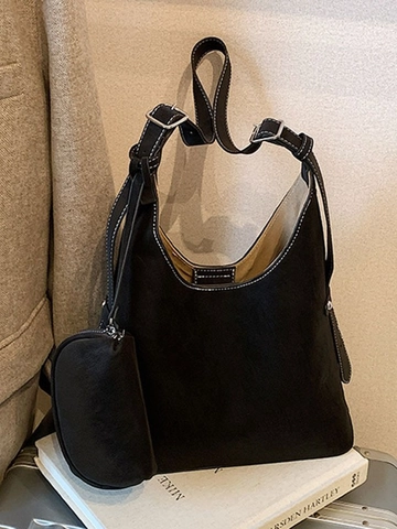 Damen Hobo Tasche Große Kapazität Mattes PU Leder Umhängetasche Mit Kleinem Beutel Kontrastnähte Verstellbarer Gurt Tote Bag