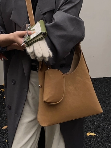 Damen Hobo Tasche Große Kapazität Mattes PU Leder Umhängetasche Mit Kleinem Beutel Kontrastnähte Verstellbarer Gurt Tote Bag