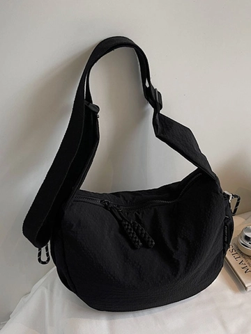 Women Large Capacity Waffle Texture Crossbody Bag Casual Crescent Dumpling Bag Wide Adjustable Strap Knot Zipper Handbag
