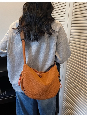 Women Large Capacity Waffle Texture Crossbody Bag Casual Crescent Dumpling Bag Wide Adjustable Strap Knot Zipper Handbag