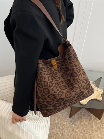 Vintage Leopardenmuster Wildleder Beuteltasche Damen Große Tragetasche Schultertasche Mit Goldenem Drehverschluss Retro Handtasche