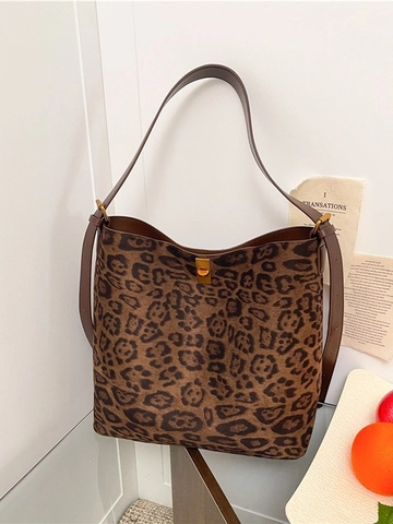Vintage Leopardenmuster Wildleder Beuteltasche Damen Große Tragetasche Schultertasche Mit Goldenem Drehverschluss Retro Handtasche