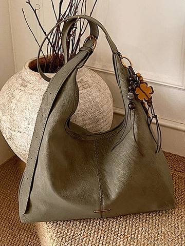 Vintage Large Capacity PU Leather Hobo Bag For Women Casual Solid Color Shoulder Crossbody Bag With Tassel Charm Daily Bag