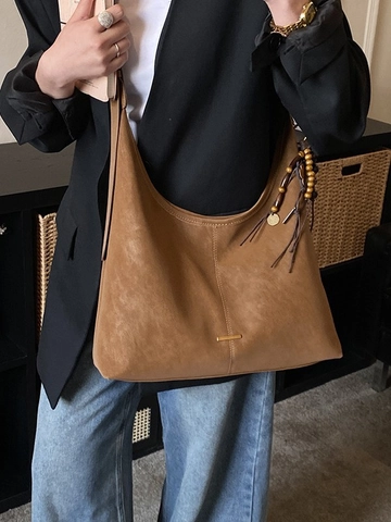 Vintage Large Capacity PU Leather Hobo Bag For Women Casual Solid Color Shoulder Crossbody Bag With Tassel Charm Daily Bag
