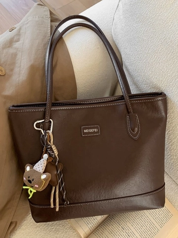 Vintage PU Leather Large Capacity Tote Bag With Contrast Stitching And Bear Pendant For Women Casual Commuter Shoulder Bag