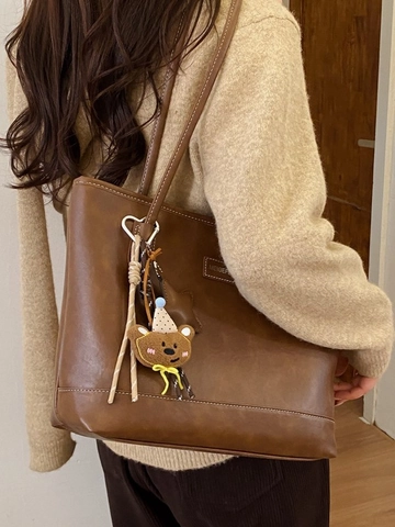 Vintage PU Leather Large Capacity Tote Bag With Contrast Stitching And Bear Pendant For Women Casual Commuter Shoulder Bag