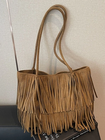 Borsa Tote da Donna in Camoscio di Grande Capacità con Frange Vintage Bohemian Nappa Borsa a Spalla Coreana Casual Borsa a Mano