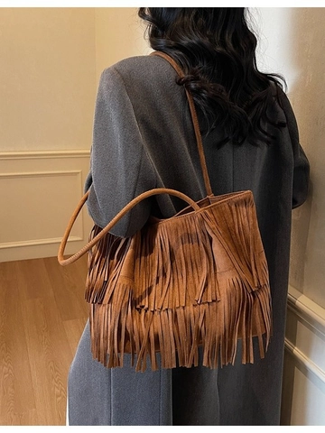 Borsa Tote da Donna in Camoscio di Grande Capacità con Frange Vintage Bohemian Nappa Borsa a Spalla Coreana Casual Borsa a Mano